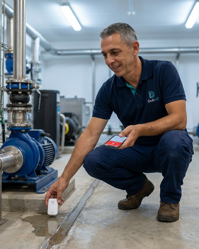 Juan, de DubIoT, instalando un sensor de fugas en una sala de bombas