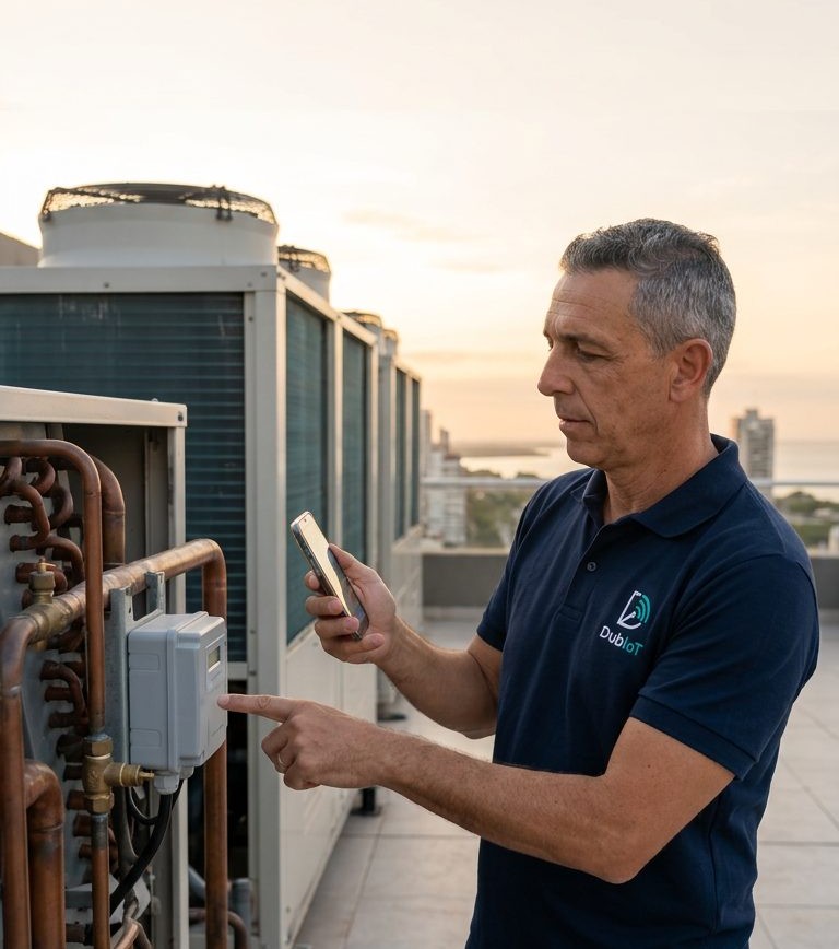 Juan en una terraza junto a equipos de climatización y un gateway