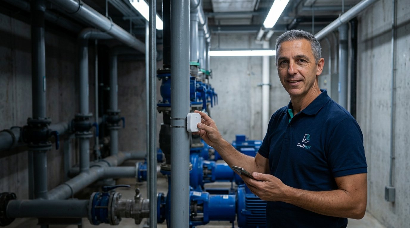 Juan, de DubIoT, instalando un sensor en una sala de bombas